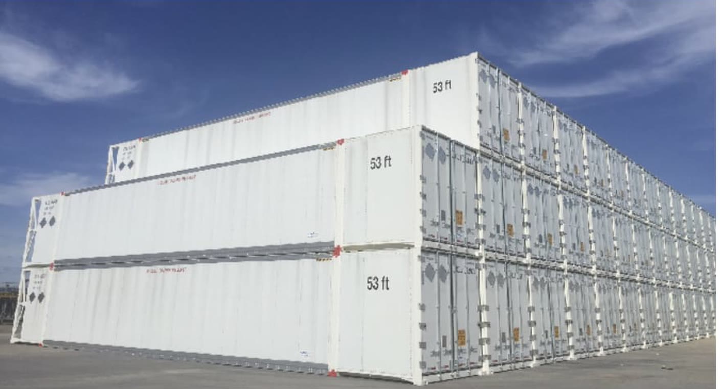 Stacked intermodal containers in a terminal yard